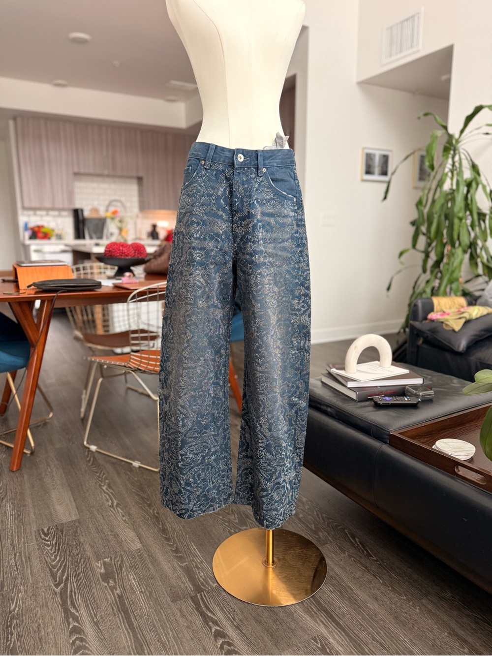 Viral Zara Wide Leg Metallic / shiny Blue Jacquard Jeans